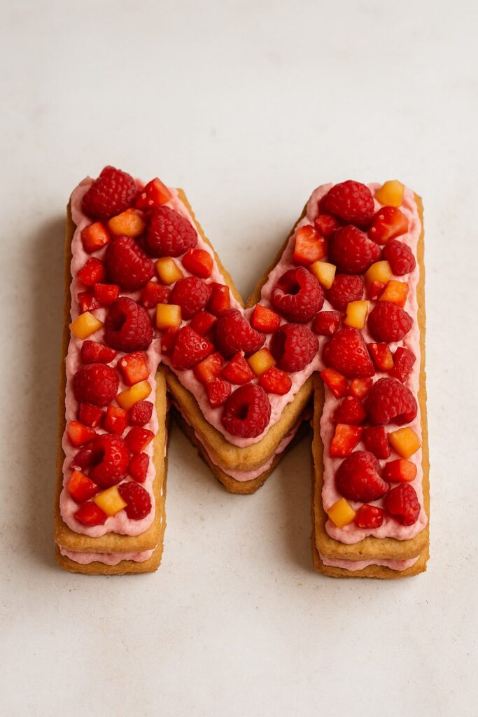 Lettertaart M met aardbeien, gemaakt door Ma-Ma's Toertjes