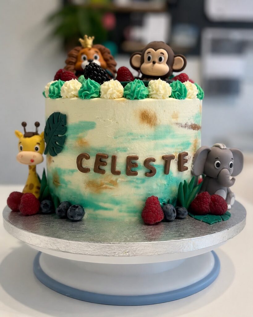Jungle taart met safaridieren en de naam Celeste, gemaakt door Ma-Ma's Toertjes